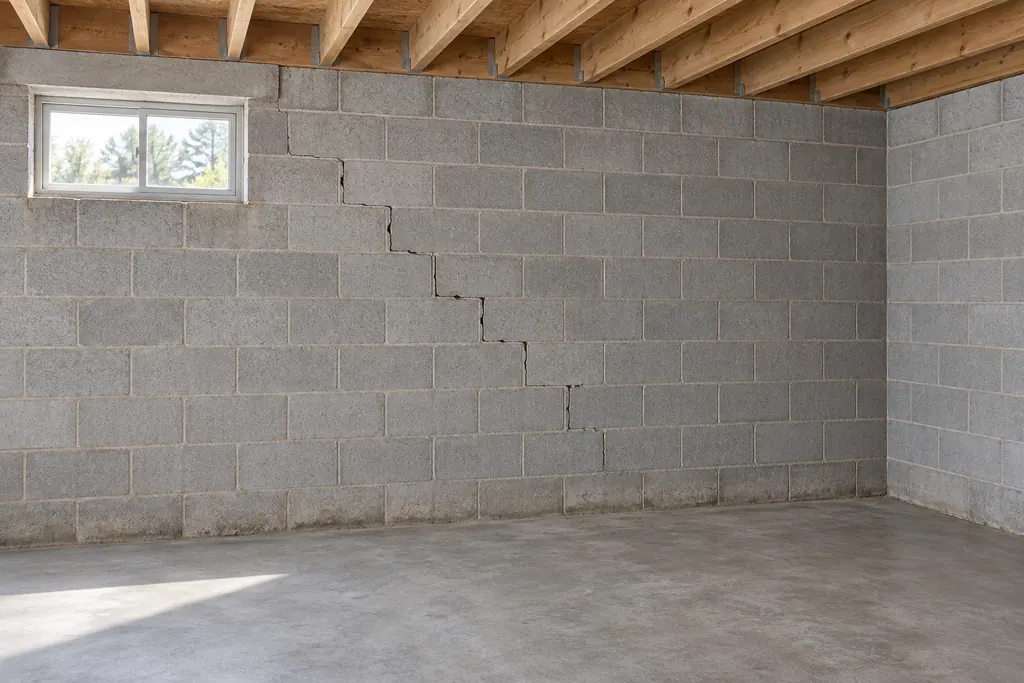 Concept illustration: a stair-step crack in a concrete block basement wall
