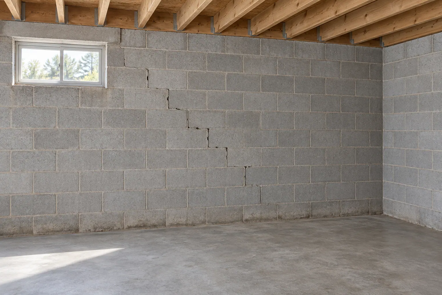 Concept illustration: a stair-step crack in a concrete block basement wall