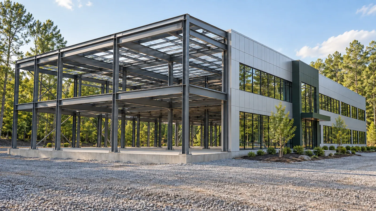 Concept illustration: a two-story steel frame beside a finished commercial building