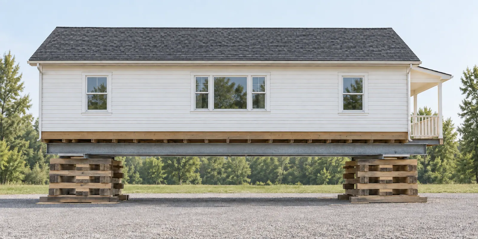 Concept illustration: a house raised on a steel beam and timber cribbing