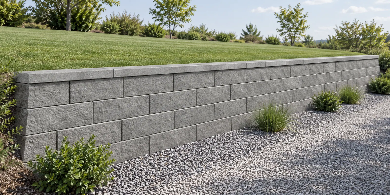 Concept illustration: a segmental block retaining wall below a sloping lawn